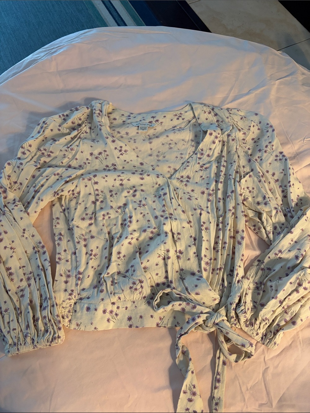 Floral Tie-Waist Long-Sleeve Women's Top - Cream with Purple Print